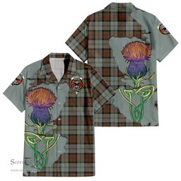 ScotsTee Shop Scottish MacLeod of Harris Weathered Clan Tartan Crest with Thistle and Scotland Map Tartan Women Casual Shirt - Classic