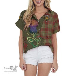 ScotsTee Shop Scottish MacGillivray Hunting Ancient Clan Tartan Crest with Thistle and Scotland Map Tartan Women Casual Shirt - Classic