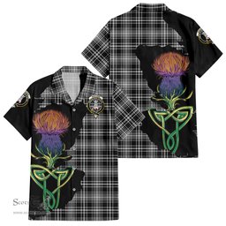 ScotsTee Shop Scottish MacLean Black and White Clan Tartan Crest with Thistle and Scotland Map Tartan Women Casual Shirt - Classic