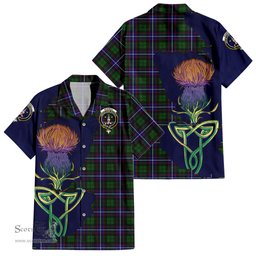 ScotsTee Shop Scottish Russell Modern Clan Tartan Crest with Thistle and Scotland Map Tartan Women Casual Shirt - Classic
