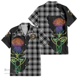 ScotsTee Shop Scottish Menzies Black and White Clan Tartan Crest with Thistle and Scotland Map Tartan Women Casual Shirt - Classic
