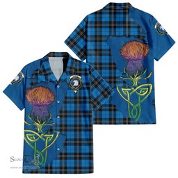 ScotsTee Shop Scottish Ramsay Blue Ancient Clan Tartan Crest with Thistle and Scotland Map Tartan Women Casual Shirt - Classic