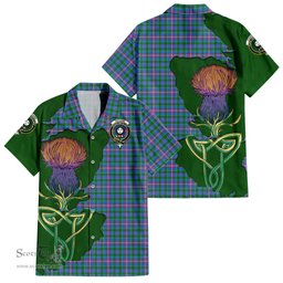ScotsTee Shop Scottish Pitcairn Hunting Clan Tartan Crest with Thistle and Scotland Map Tartan Women Casual Shirt - Classic