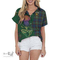ScotsTee Shop Scottish Nicolson Hunting Ancient Clan Tartan Crest with Thistle and Scotland Map Tartan Women Casual Shirt - Classic