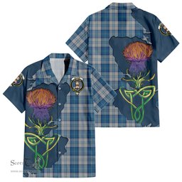 ScotsTee Shop Scottish Menzies Dress Blue and White Clan Tartan Crest with Thistle and Scotland Map Tartan Women Casual Shirt - Classic