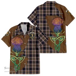 ScotsTee Shop Scottish Stewart Navy Clan Tartan Crest with Thistle and Scotland Map Tartan Women Casual Shirt - Classic