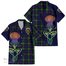 ScotsTee Shop Scottish MacThomas Modern Clan Tartan Crest with Thistle and Scotland Map Tartan Women Casual Shirt - Classic