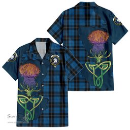 ScotsTee Shop Scottish Ramsay Blue Hunting Clan Tartan Crest with Thistle and Scotland Map Tartan Women Casual Shirt - Classic
