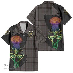 ScotsTee Shop Scottish Stewart Grey Clan Tartan Crest with Thistle and Scotland Map Tartan Women Casual Shirt - Classic