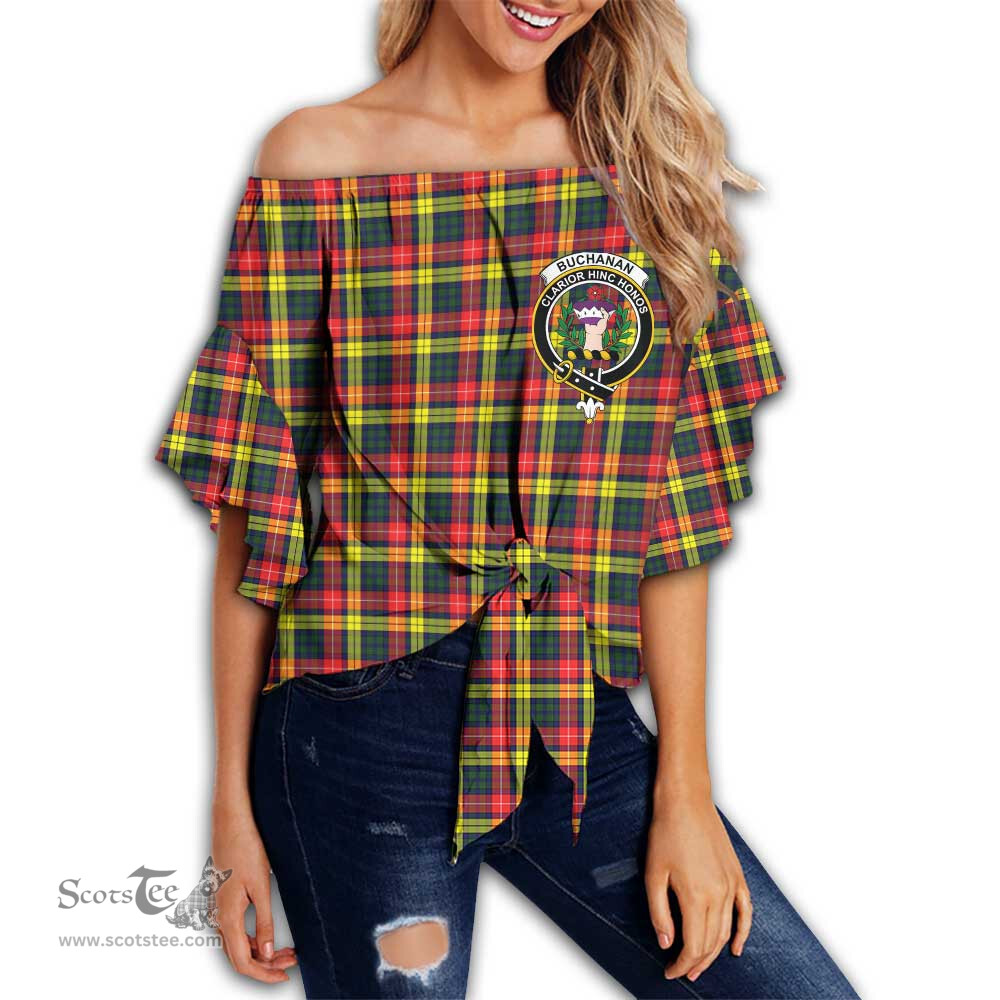 ScotsTee Shop Scottish Buchanan Modern Clan Crest Tartan Womens Off Shoulder Waist Wrap Top