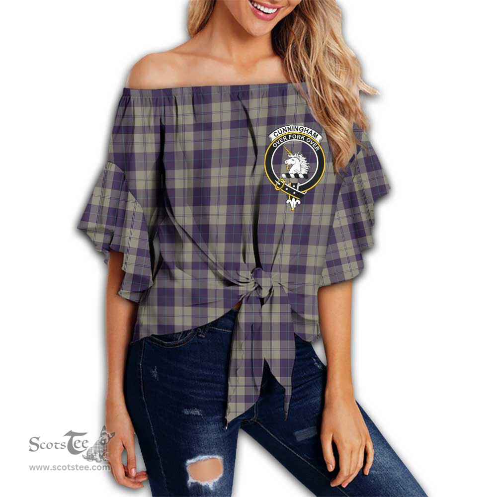 ScotsTee Shop Scottish Cunningham Dress Blue Dancers Clan Crest Tartan Womens Off Shoulder Waist Wrap Top
