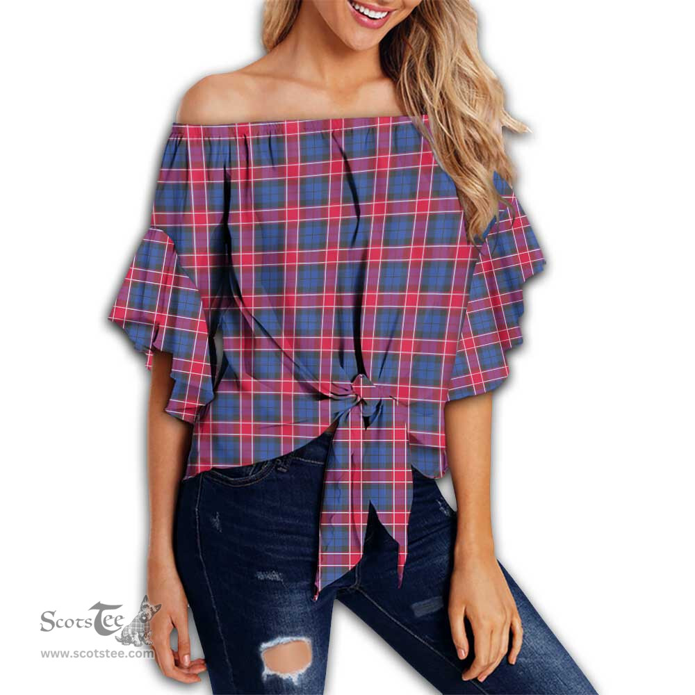 ScotsTee Shop Scottish Graham of Menteith Red Clan Tartan Womens Off Shoulder Waist Wrap Top