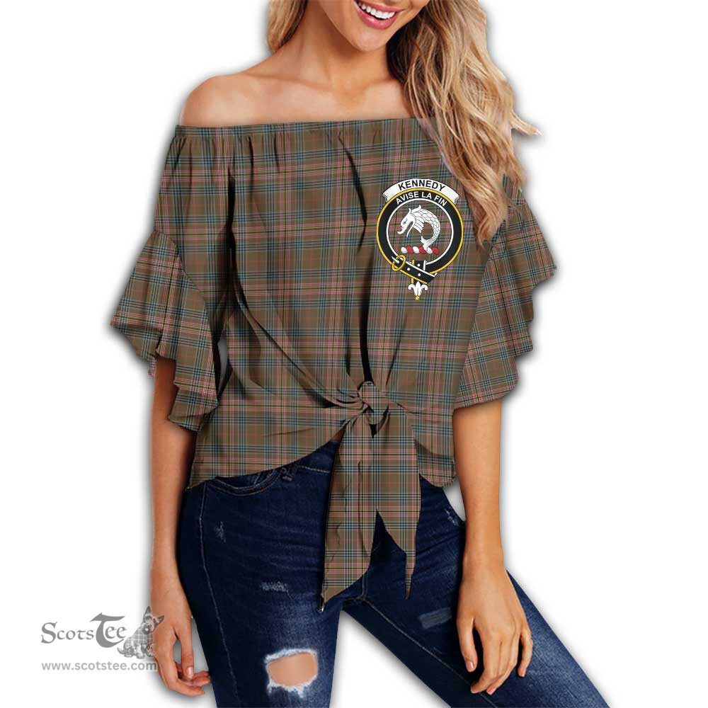 ScotsTee Shop Scottish Kennedy Weathered Clan Crest Tartan Womens Off Shoulder Waist Wrap Top
