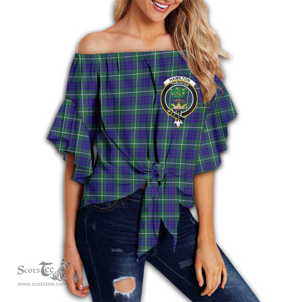 ScotsTee Shop Scottish Hamilton Hunting Modern Clan Crest Tartan Womens Off Shoulder Waist Wrap Top