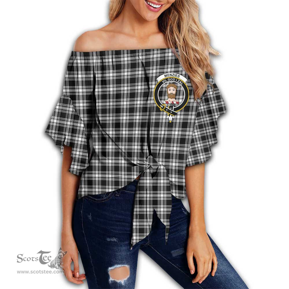 ScotsTee Shop Scottish Menzies Black & White Modern Clan Crest Tartan Womens Off Shoulder Waist Wrap Top