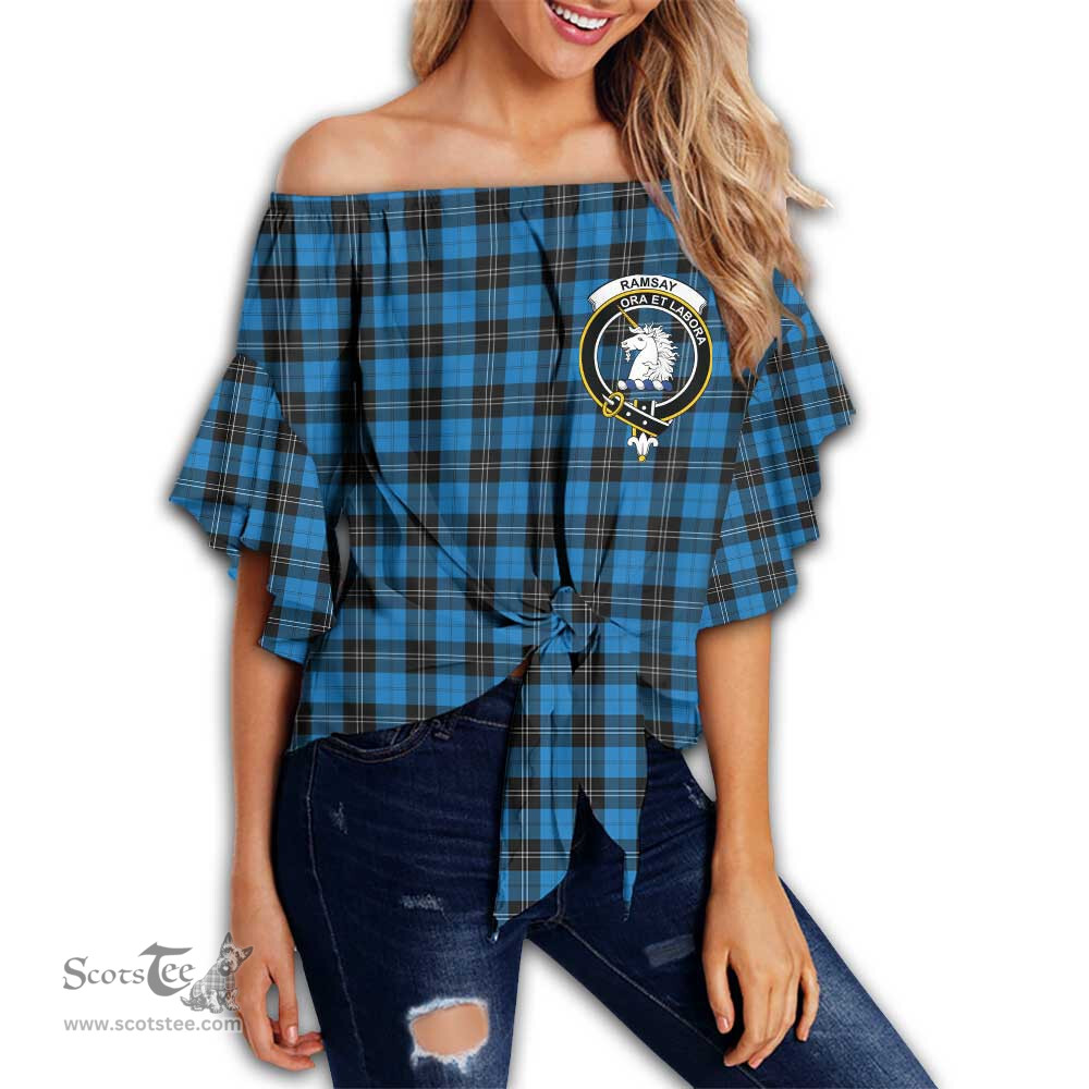 ScotsTee Shop Scottish Ramsay Blue Ancient Clan Crest Tartan Womens Off Shoulder Waist Wrap Top