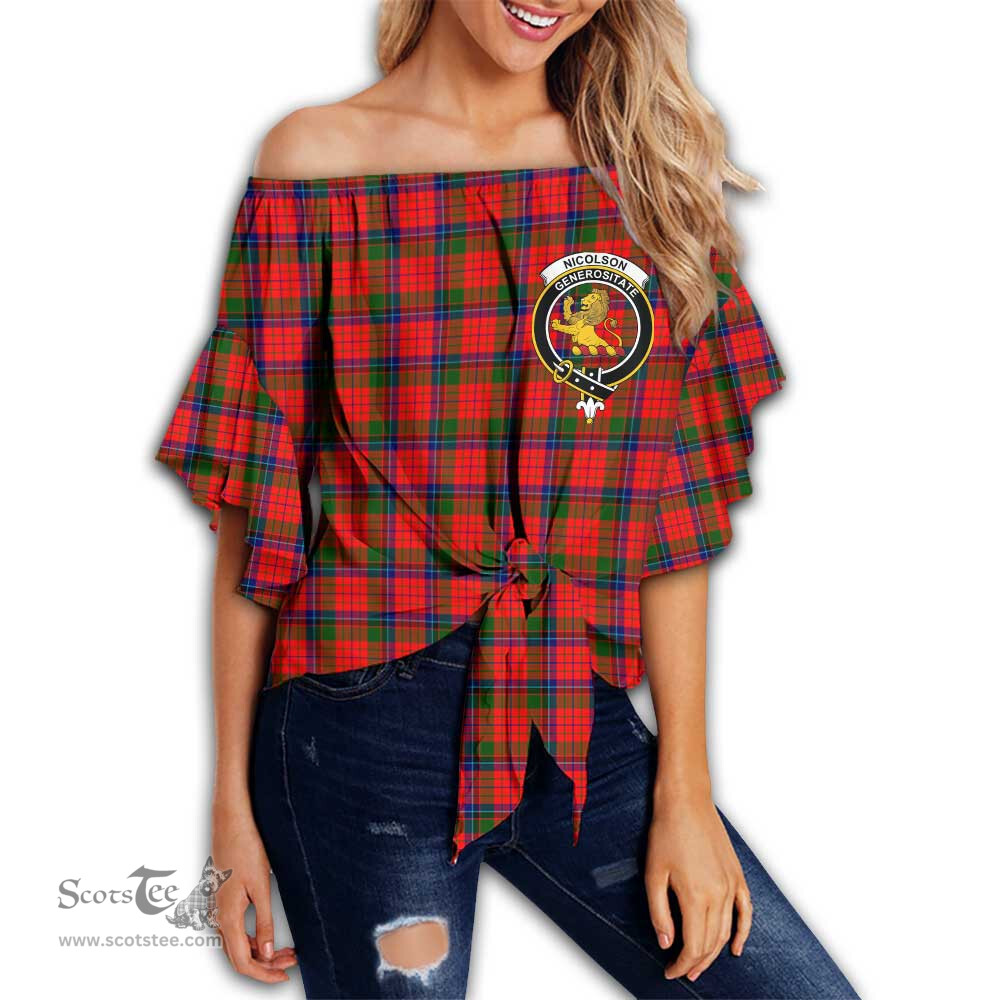 ScotsTee Shop Scottish Nicolson Modern Clan Crest Tartan Womens Off Shoulder Waist Wrap Top