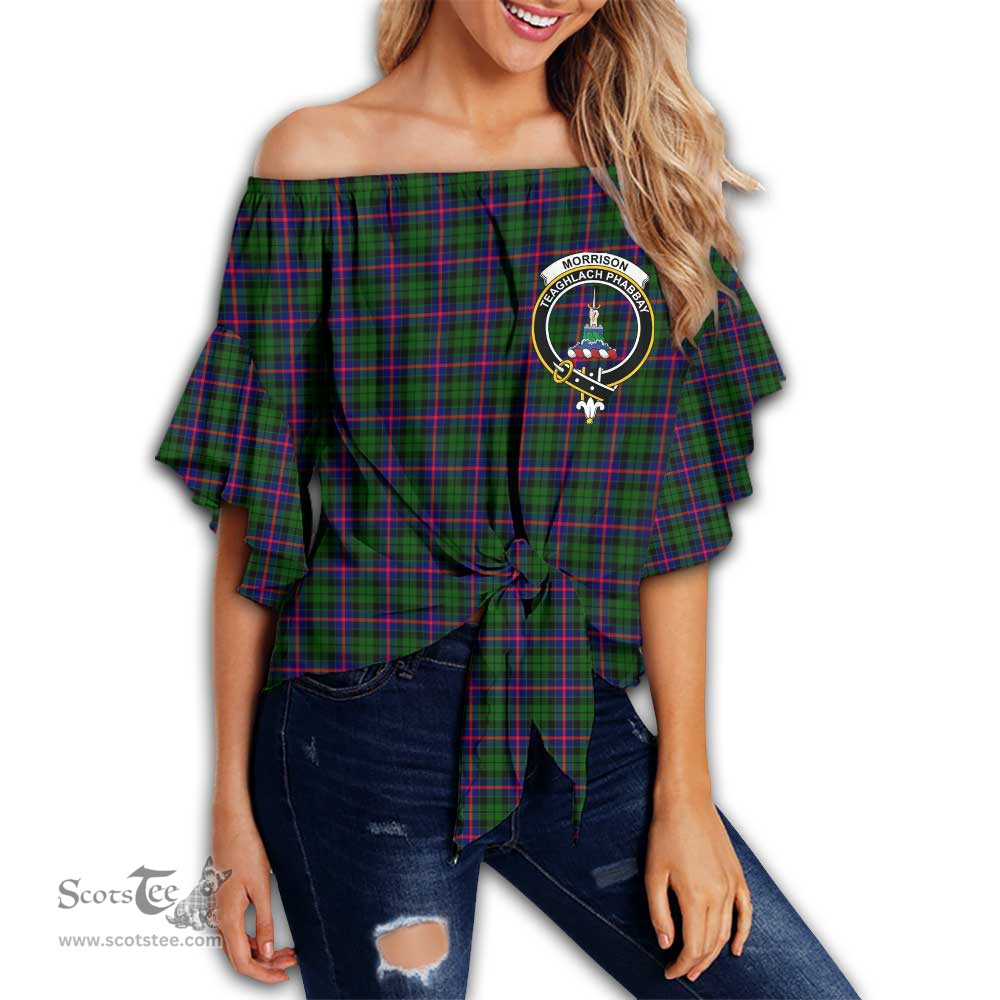 ScotsTee Shop Scottish Morrison Modern Clan Crest Tartan Womens Off Shoulder Waist Wrap Top