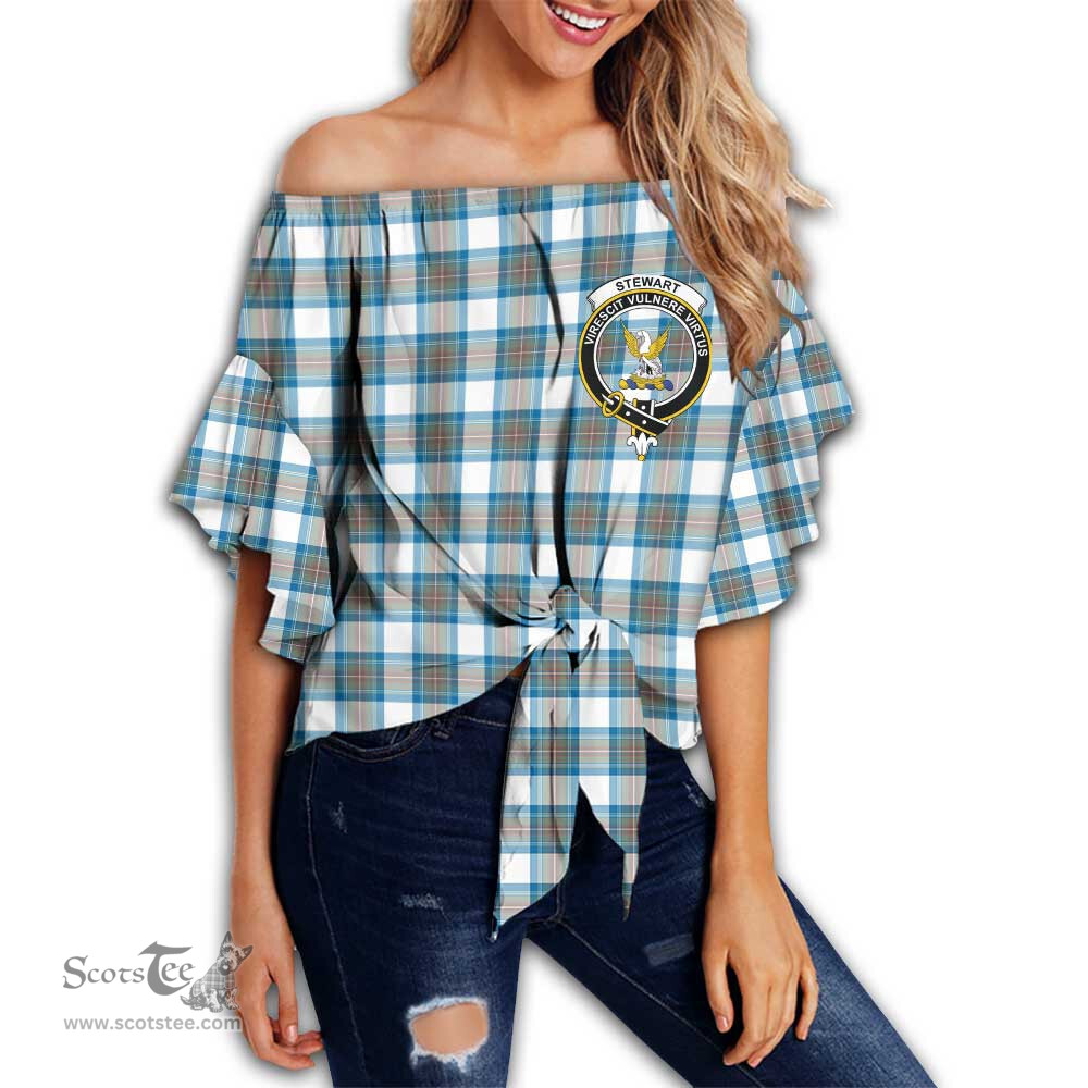 ScotsTee Shop Scottish Stewart Muted Blue Clan Crest Tartan Womens Off Shoulder Waist Wrap Top