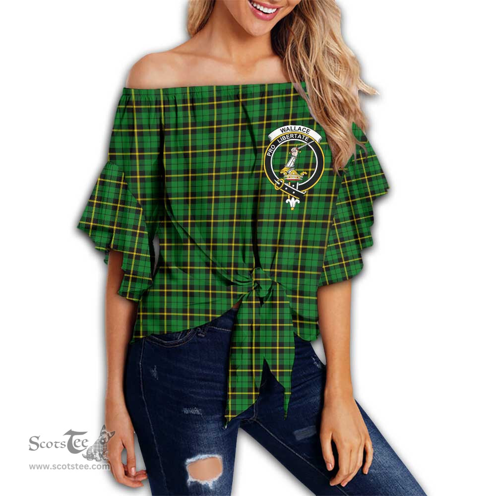 ScotsTee Shop Scottish Wallace Hunting - Green Clan Crest Tartan Womens Off Shoulder Waist Wrap Top