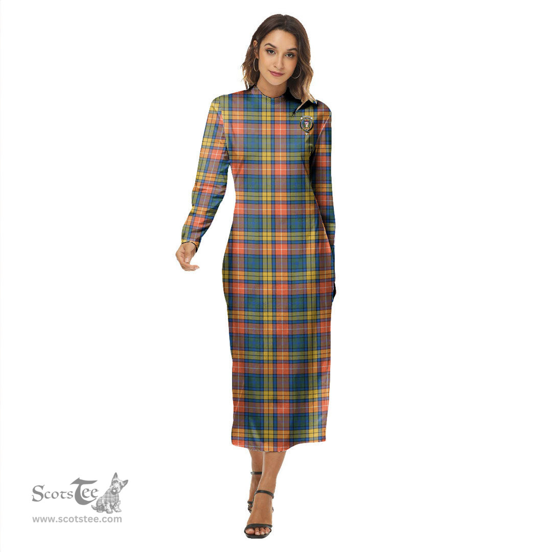 ScotsTee Shop Scottish Buchanan Ancient Clan Crest Tartan Womens Mock Neck Long Sleeve Midi Dress