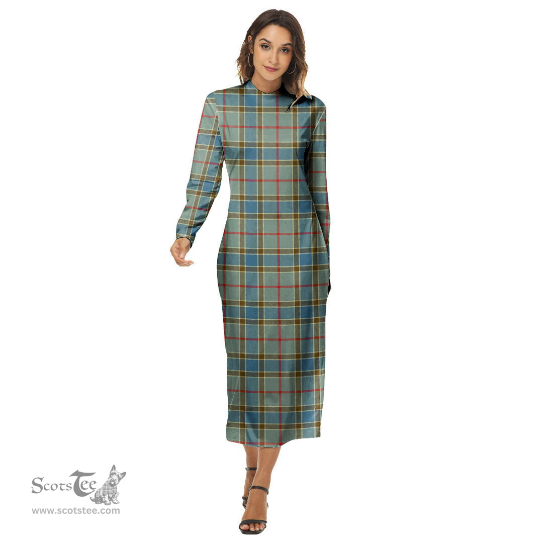 ScotsTee Shop Scottish Balfour Blue Clan Tartan Womens Mock Neck Long Sleeve Midi Dress
