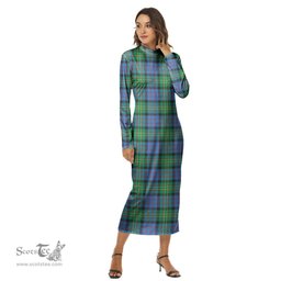 ScotsTee Shop Scottish Bowie Ancient Clan Tartan Womens Mock Neck Long Sleeve Midi Dress
