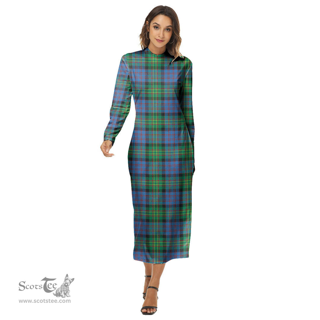 ScotsTee Shop Scottish Bowie Ancient Clan Tartan Womens Mock Neck Long Sleeve Midi Dress