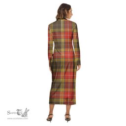ScotsTee Shop Scottish Buchanan Old Set Weathered Clan Crest Tartan Womens Mock Neck Long Sleeve Midi Dress