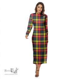 ScotsTee Shop Scottish Buchanan Modern Clan Crest Tartan Womens Mock Neck Long Sleeve Midi Dress
