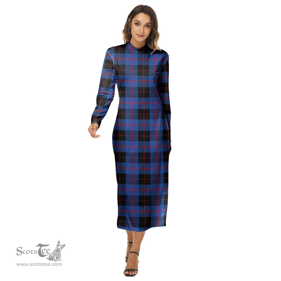 ScotsTee Shop Scottish Angus Modern Clan Tartan Womens Mock Neck Long Sleeve Midi Dress