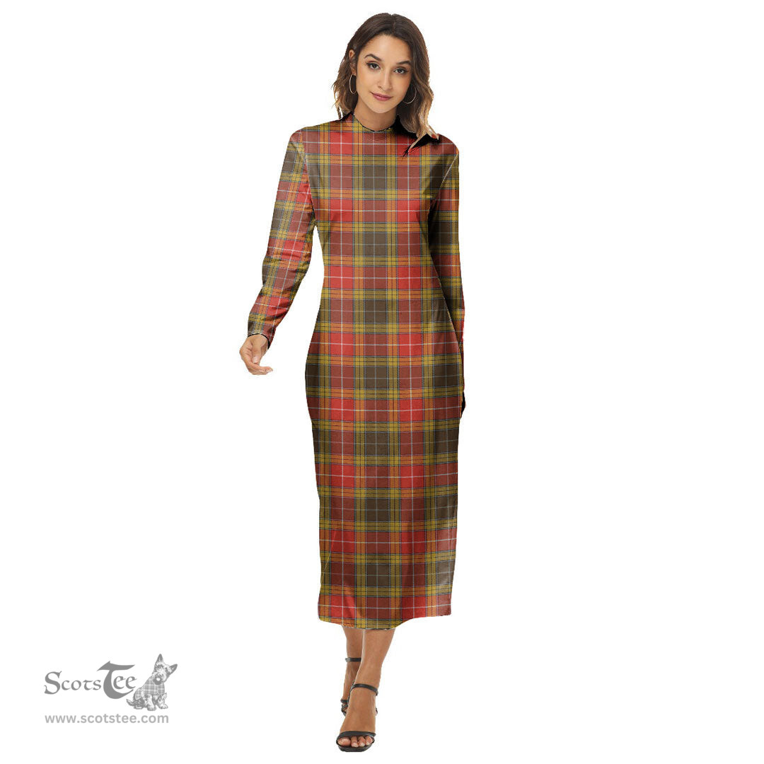 ScotsTee Shop Scottish Buchanan Old Set Weathered Clan Tartan Womens Mock Neck Long Sleeve Midi Dress