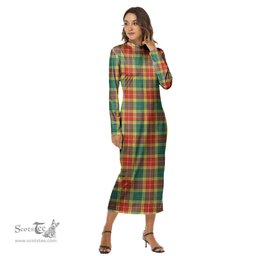 ScotsTee Shop Scottish Buchanan Old Sett Clan Tartan Womens Mock Neck Long Sleeve Midi Dress
