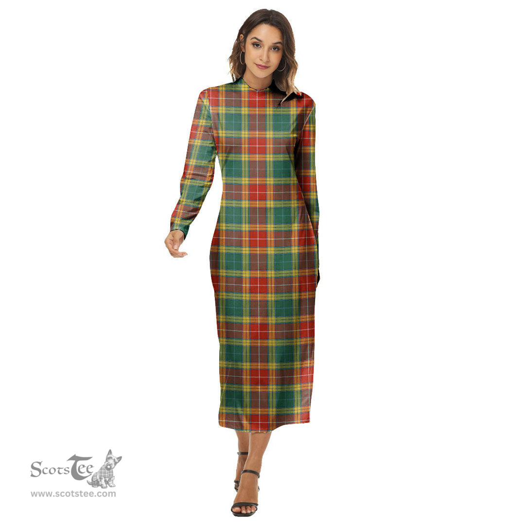 ScotsTee Shop Scottish Buchanan Old Sett Clan Tartan Womens Mock Neck Long Sleeve Midi Dress
