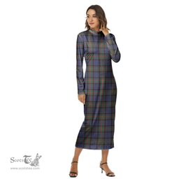ScotsTee Shop Scottish Fletcher of Dunans Clan Tartan Womens Mock Neck Long Sleeve Midi Dress
