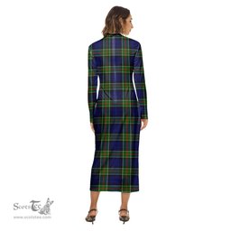 ScotsTee Shop Scottish Colquhoun Modern Clan Crest Tartan Womens Mock Neck Long Sleeve Midi Dress