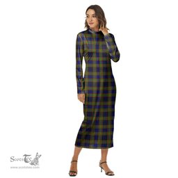 ScotsTee Shop Scottish Clelland Modern Clan Tartan Womens Mock Neck Long Sleeve Midi Dress