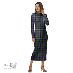 ScotsTee Shop Scottish Galbraith Modern Clan Tartan Womens Mock Neck Long Sleeve Midi Dress