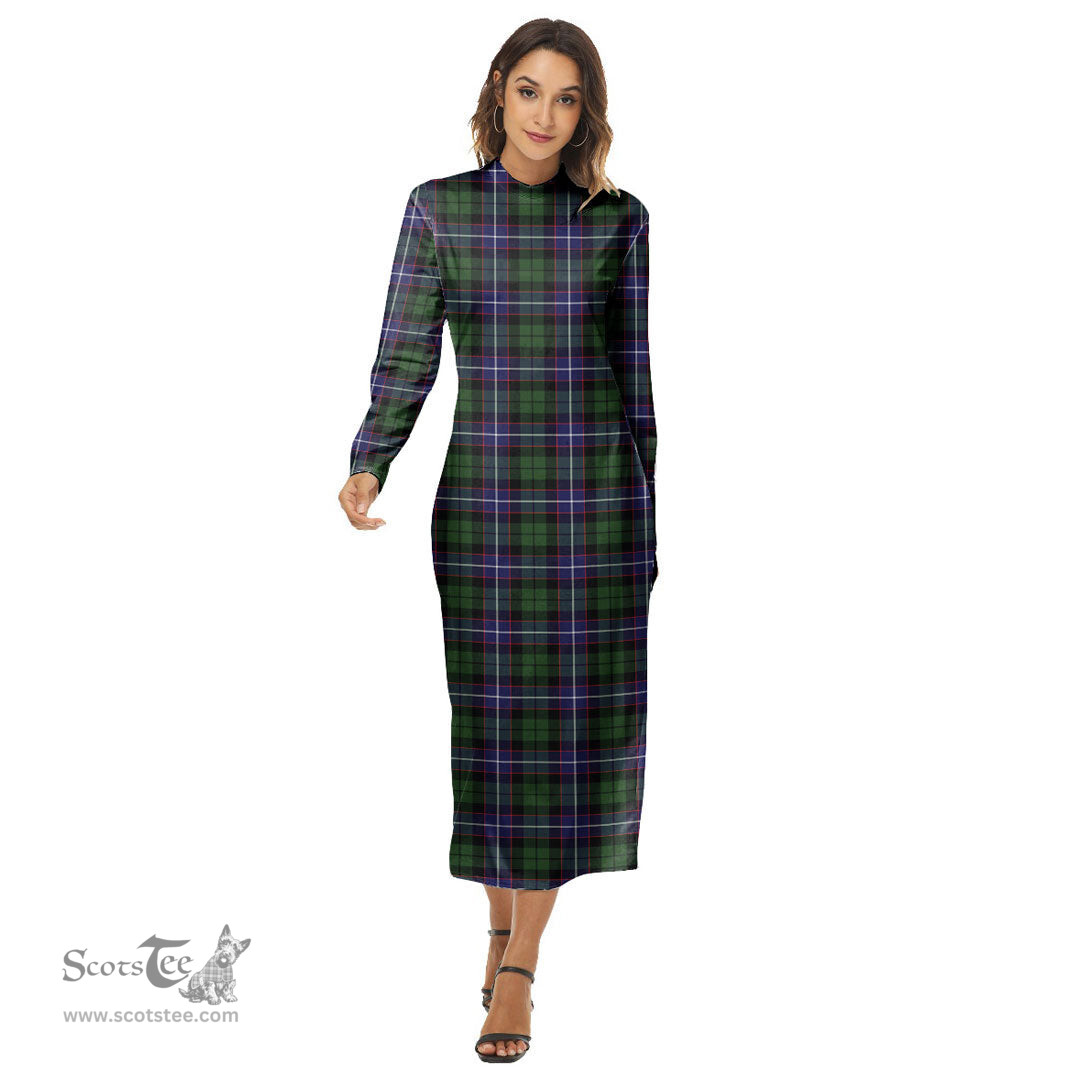 ScotsTee Shop Scottish Galbraith Modern Clan Tartan Womens Mock Neck Long Sleeve Midi Dress