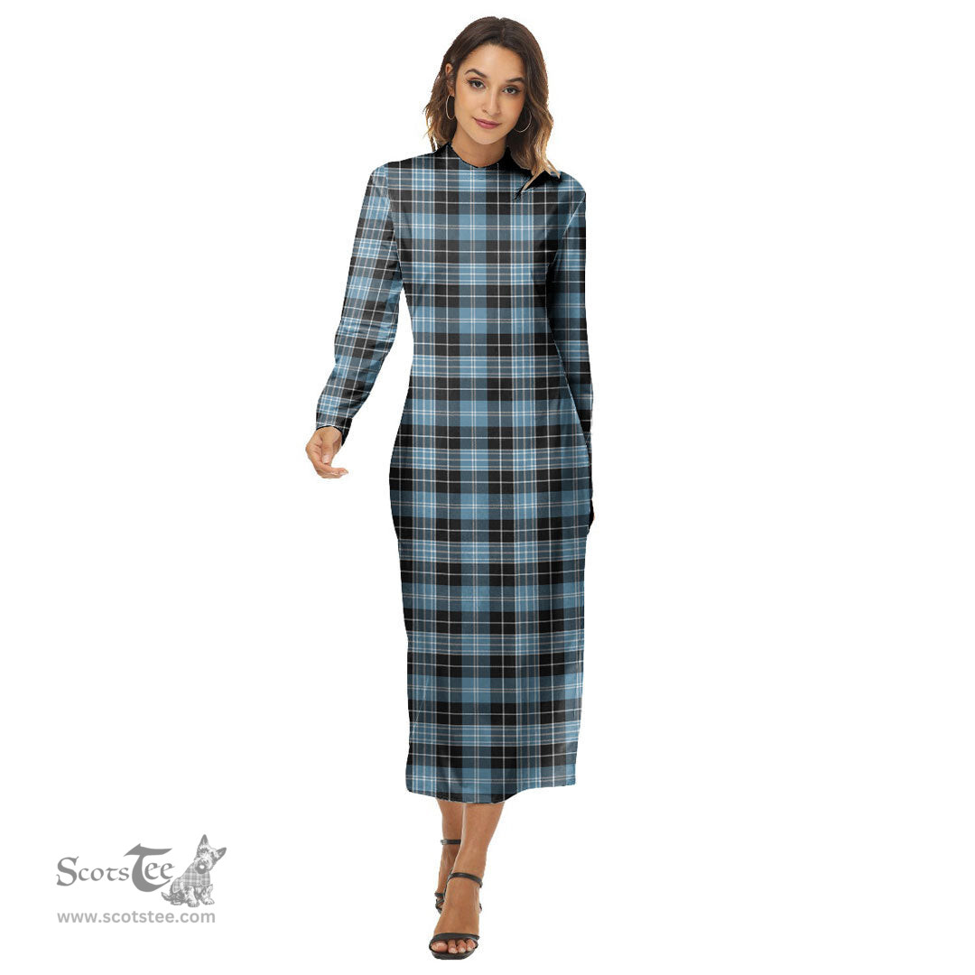 ScotsTee Shop Scottish Clark Ancient Clan Tartan Womens Mock Neck Long Sleeve Midi Dress