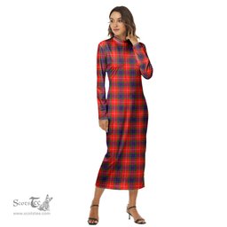 ScotsTee Shop Scottish Fraser Modern Clan Tartan Womens Mock Neck Long Sleeve Midi Dress
