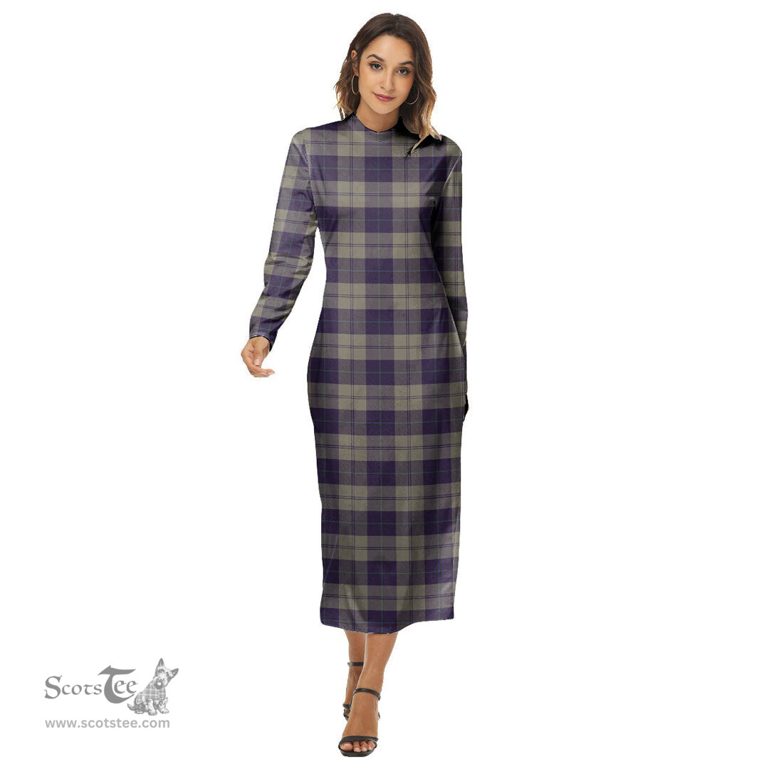 ScotsTee Shop Scottish Cunningham Dress Blue Dancers Clan Tartan Womens Mock Neck Long Sleeve Midi Dress