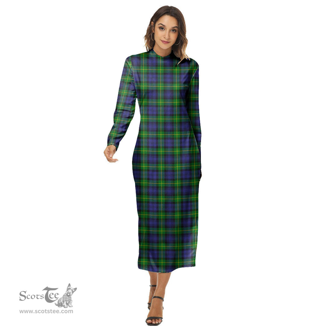 ScotsTee Shop Scottish Gordon Modern Clan Tartan Womens Mock Neck Long Sleeve Midi Dress