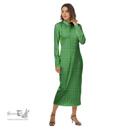 ScotsTee Shop Scottish Currie Clan Tartan Womens Mock Neck Long Sleeve Midi Dress