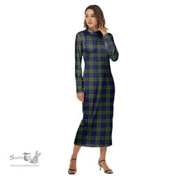 ScotsTee Shop Scottish Colquhoun Modern Clan Tartan Womens Mock Neck Long Sleeve Midi Dress