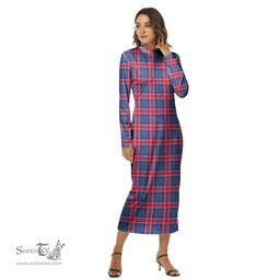 ScotsTee Shop Scottish Graham of Menteith Red Clan Tartan Womens Mock Neck Long Sleeve Midi Dress