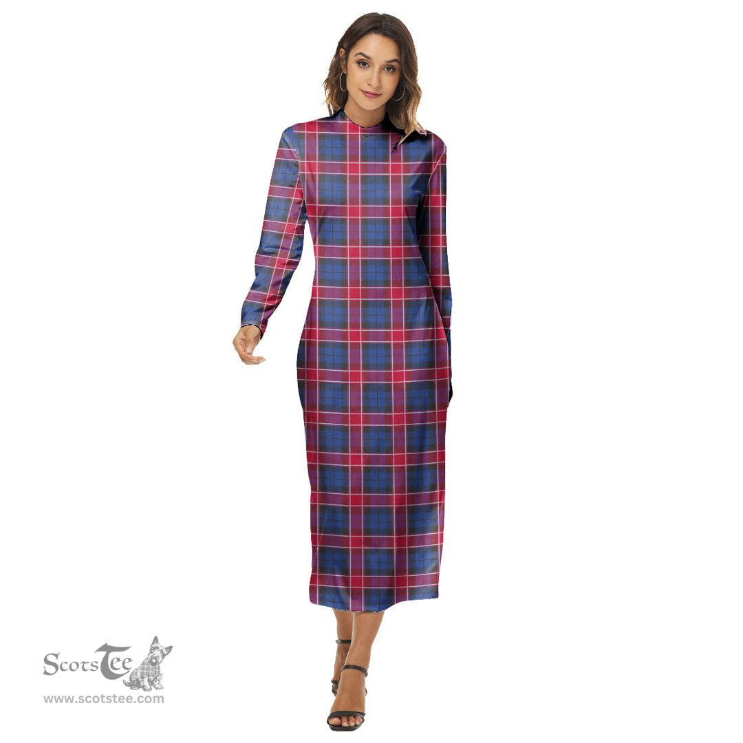 ScotsTee Shop Scottish Graham of Menteith Red Clan Tartan Womens Mock Neck Long Sleeve Midi Dress