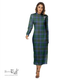 ScotsTee Shop Scottish Cockburn Ancient Clan Crest Tartan Womens Mock Neck Long Sleeve Midi Dress