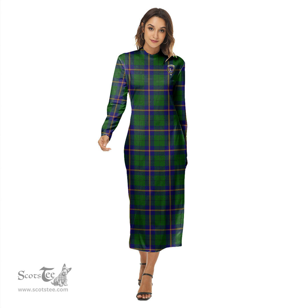 ScotsTee Shop Scottish Carmichael Modern Clan Crest Tartan Womens Mock Neck Long Sleeve Midi Dress
