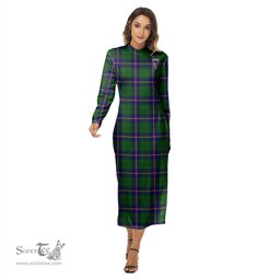 ScotsTee Shop Scottish Carmichael Modern Clan Crest Tartan Womens Mock Neck Long Sleeve Midi Dress